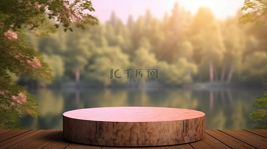 夏天湖边背景图片_湖边绿树和粉红草的散景背景中圆形木质讲台的 3D 渲染