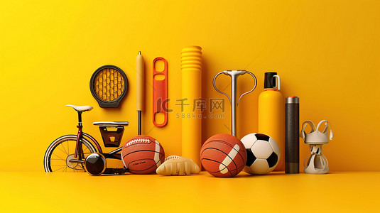 黄色的网球背景图片_充满活力的黄色背景展示 3D 渲染的运动器材