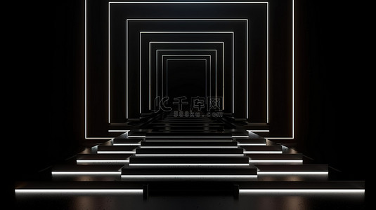 白色霓虹灯照亮了 3D 渲染中的黑色几何设计舞台