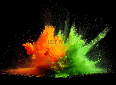 黑色颗粒背景背景图片_绿色和橙色粉末与黑色颗粒混合的彩色飞溅