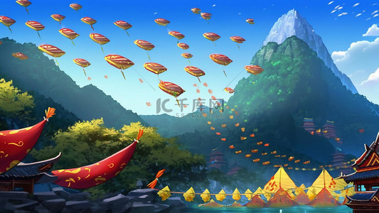 五月五日节背景图片_端午节灯笼远山