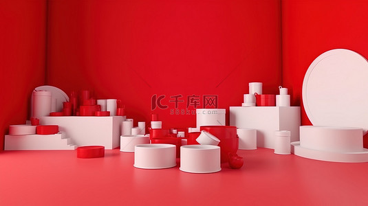 圣诞节主题的白色显示区域 3D 渲染与充满活力的红色背景完美地展示商品