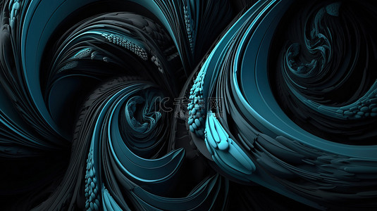 3D 黑色背景壁纸上的蓝色螺旋线艺术抽象观赏流动漩涡形状