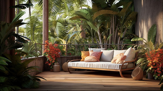 休息区温馨提示背景图片_热带户外环境中休息区的 3D 插图