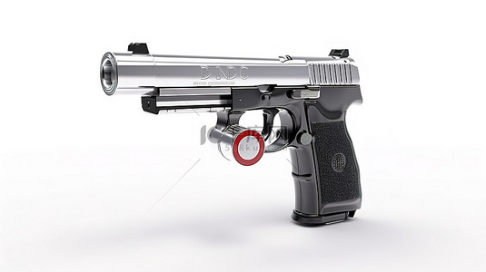禁止枪支概念 3D 渲染金属手枪，白色背景上带有限制标志