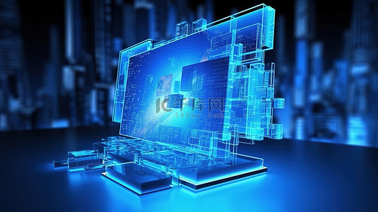 蓝色电脑桌面背景图片_3D 渲染的蓝色电脑显示器的插图