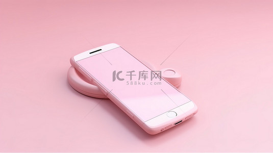 手机华为充电器背景图片_以粉红色手机为特色的工作室背景的 3D 渲染