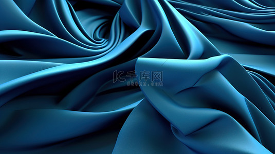 蓝色 3D 渲染的折叠织物背景中的褶皱几何形状