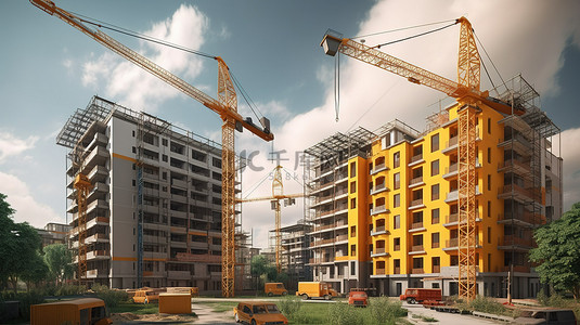 项目建设背景图片_在建住宅楼 3d 渲染与挖掘机和起重机