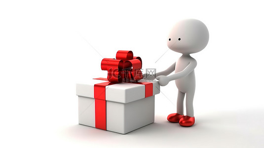 快递礼物盒背景图片_送货员在 3D 渲染的空白背景上拿着礼物以进行隔离