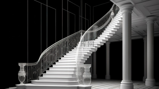 南洋特色饭背景图片_现代室内设计概念，以楼梯柱窗和黑色背景 3D 视角的白色线框为特色