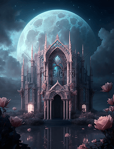夜晚星空月亮花卉城堡油画装饰画背景