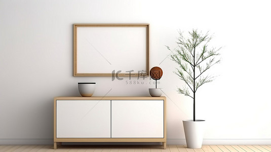 日本房子框架背景图片_优雅的日式框架装饰着靠墙的白色橱柜 3D 渲染
