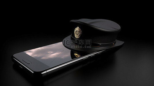 紧急服务背景图片_移动安全服务概念 3d 带警察帽的智能手机