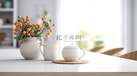 厨房白色背景图片_白色餐桌或桌面上的空白表面，数字生成模糊的厨房背景