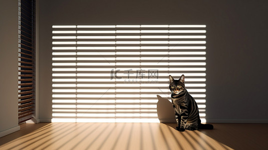 喝茶百叶窗背景图背景图片_百叶窗和猫影投射在墙上的 3d 渲染