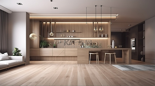 现代室内设计豪华客厅和厨房的 3D 插图，配有朴实的木质装饰