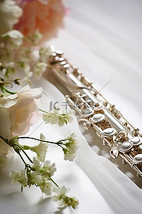 银器包装背景图片_白色桌子上的银笛与鲜花