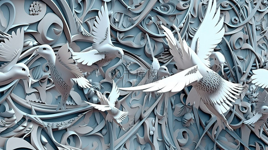 菱形几何背景图片_几何形式的鸽子群 3D 幻觉背景，带有万花筒般的扭曲