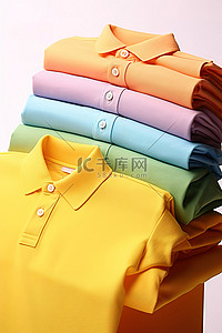 一堆四件颜色的 Polo 衫相互叠放