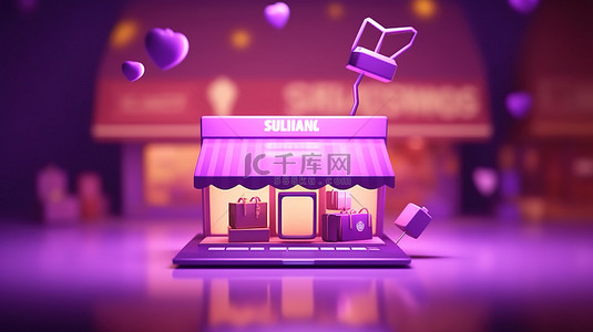 大紫色背景背景图片_通过笔记本电脑在紫色背景上为在线购物商店提供大促销标志的数字营销推广的 3D 渲染