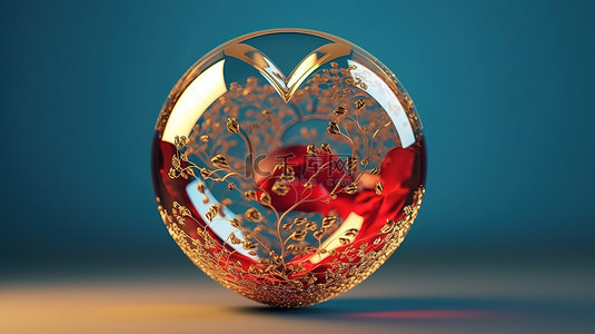 红色和金色的心包裹在玻璃球球体中，蓝色背景上的 3d 渲染
