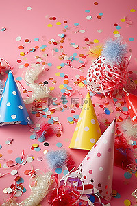 生日蛋糕通用劵背景图片_主题派对帽子和红色桌子上的东西
