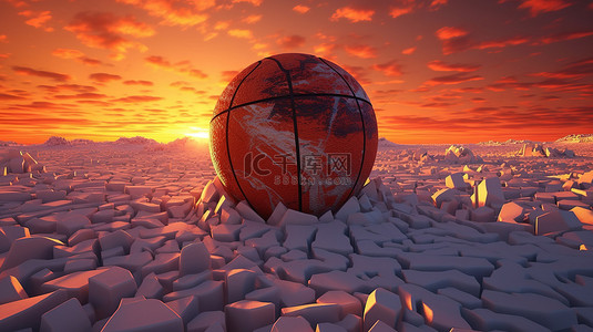 分数 3D 渲染后，一个寒冷的橙色篮球星球被落日的天空照亮