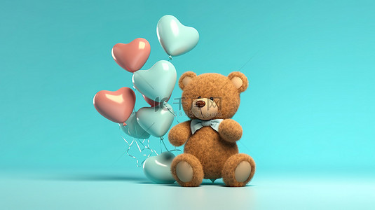 蓝色背景下抓着心形气球的棕色泰迪熊的 3D 渲染