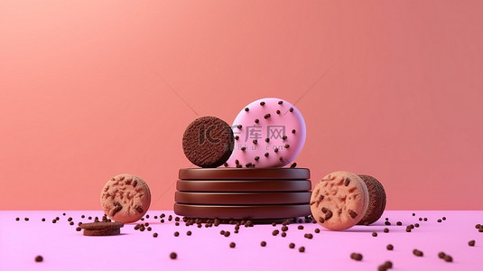 棕色背景背景图片_简约 3D 渲染粉色环境中的巧克力饼干