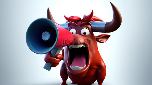 有趣的 3D 红牛，手上有一只眼睛，通过扩音器说话