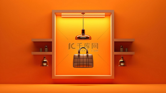 充满活力的橙色背景下的 3D 渲染单色商店灯