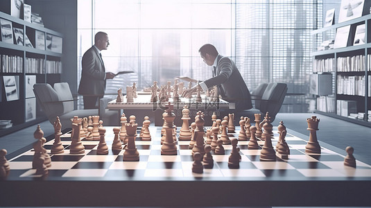 企业战略商人通过国际象棋游戏 3D 渲染图像制定成功战略