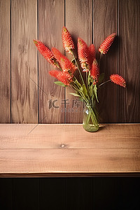 红色木桌背景图片_一张开着红色花朵的木桌
