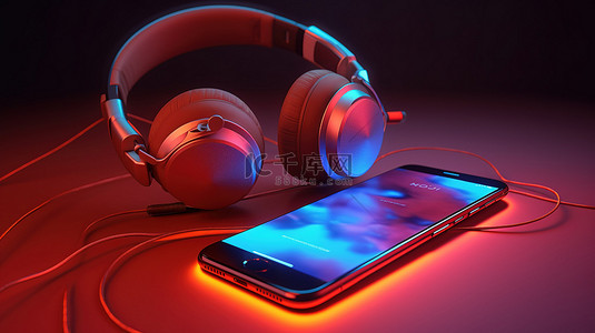 戴耳机的手机背景图片_带有内置麦克风的手机和耳机的 3D 插图