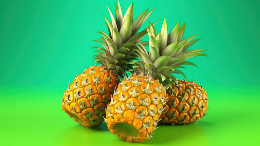 绿色饮食背景图片_3d 渲染的充满活力的绿色背景上多汁的热带菠萝