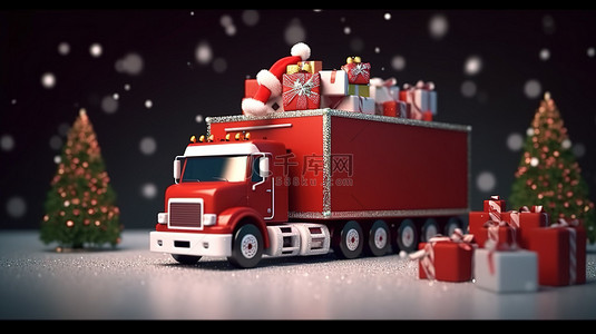 雪人和圣诞老人背景图片_节日圣诞节卡车和圣诞老人​​在 3D 渲染