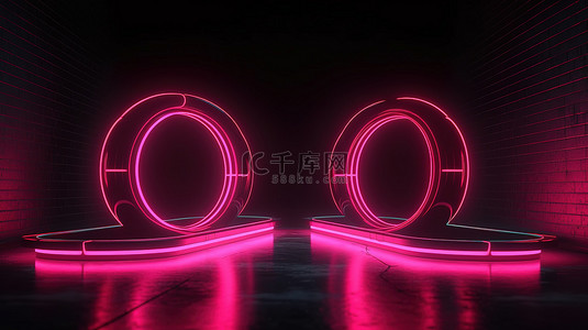 双品背景图片_双讲台站在心形隧道中，霓虹粉色发光线 3D 渲染
