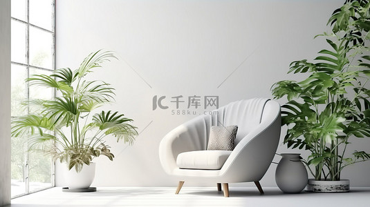当代热带室内设计，以白色和灰色色调为特色，在白色墙壁上装饰着植物 3D 渲染