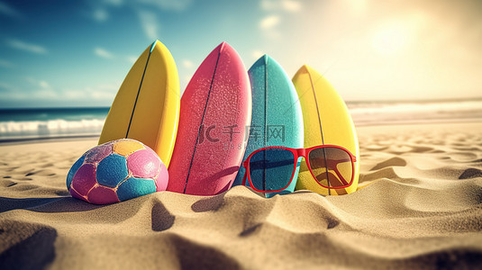 带有两个冲浪板沙滩球和太阳镜的沙滩 3D 场景