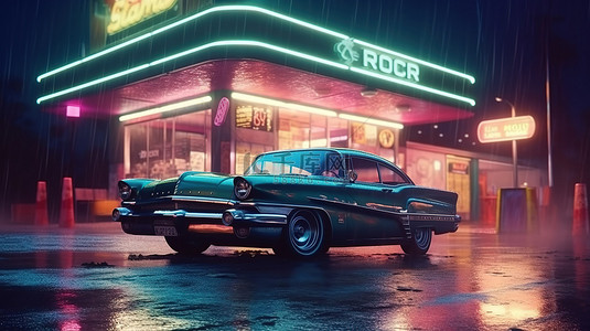车展场景背景图片_发光加油站和经典汽车复古未来赛博朋克场景，在湿沥青 3D 渲染上具有令人惊叹的反射和鲜艳的色彩