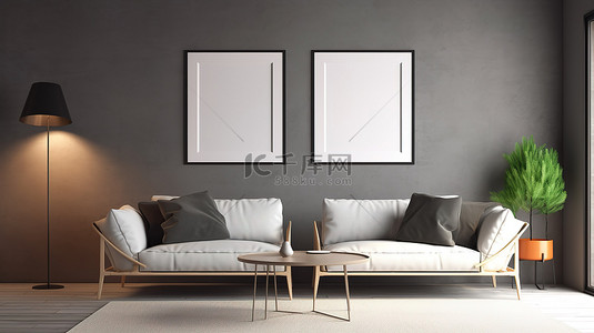 斯堪的纳维亚时髦风格海报框架用空白框架模拟现代灰色色调内部3D 渲染