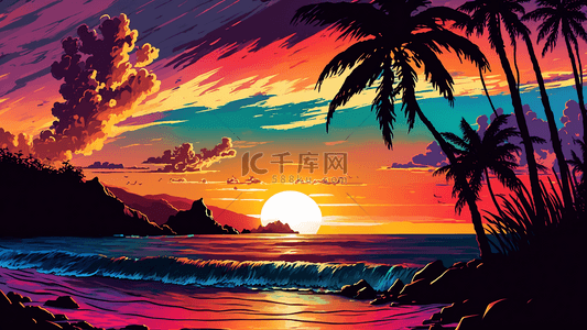 海边夏天背景图片_多彩海边夏威夷夏天夕阳背景