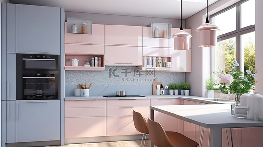 3D 渲染柔和色彩的现代厨房设计