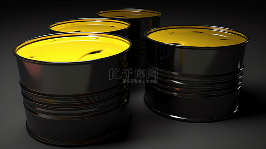 石油化工背景图片_渲染中光滑的黑色和黄色油桶的 3d 概念化