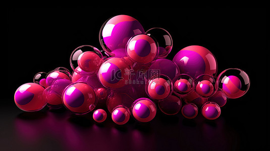 鲜艳的粉色和淡紫色球体在黑色背景下融入抽象 3D 插图
