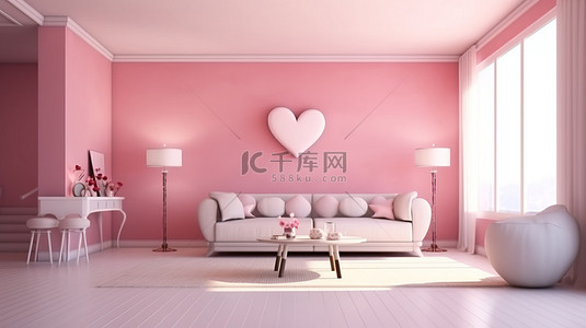 舒适客厅的 3D 插图，带有浪漫的粉红色调