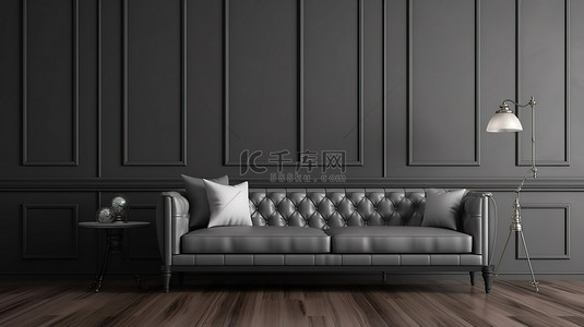 沙发壁纸背景图片_客厅内部的 3D 渲染，配有深色木地板和灰色沙发