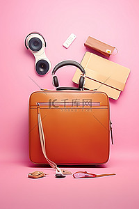 旅行粉色背景图片_飞机附近的旅行包和扬声器
