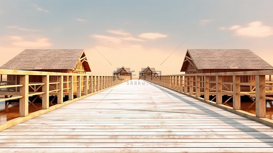 一座建筑的阳光明媚的 3D 插图，有一座连接外部的木桥